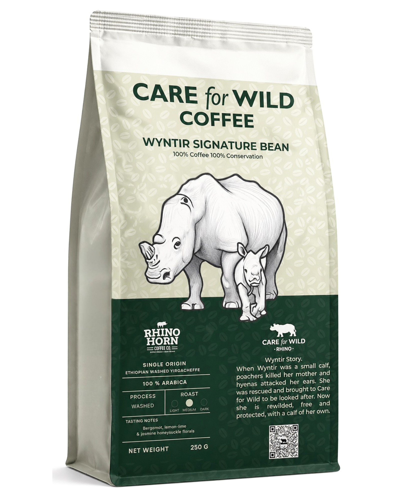 Wyntir Signature Bean - Single origin Ethiopian washed Yirgacheffe Coffee Beans 250g Care For Wild Collaboration Supporting Orphaned Rhino Wyntir